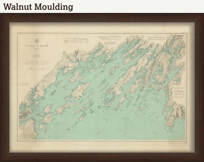 May include: A vintage map of Casco Bay, Maine, printed on cream paper with a light blue and brown color scheme. The map shows the coastline and islands of Casco Bay, with detailed markings for navigational purposes. The title "Casco Bay, Maine" is printed in the upper left corner of the map.