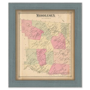 May include: An antique map of Middlesex County, Massachusetts, printed in black, red, green, and yellow ink. The map shows the county's towns and cities, as well as its rivers and roads. The map is framed in a light blue frame.