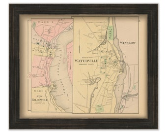 Waterville, Hallowell and Winslow, Maine 1890 Map, Replica or GENUINE ORIGINAL