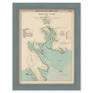 May include: A vintage nautical chart of Wareham River, Massachusetts. The chart is printed on cream-colored paper with blue and green markings. The chart includes a compass rose, depth soundings, and a legend. The title "GEO. W. ELDRIDGE'S HARBOR CHART No. 39" is printed at the top of the chart.