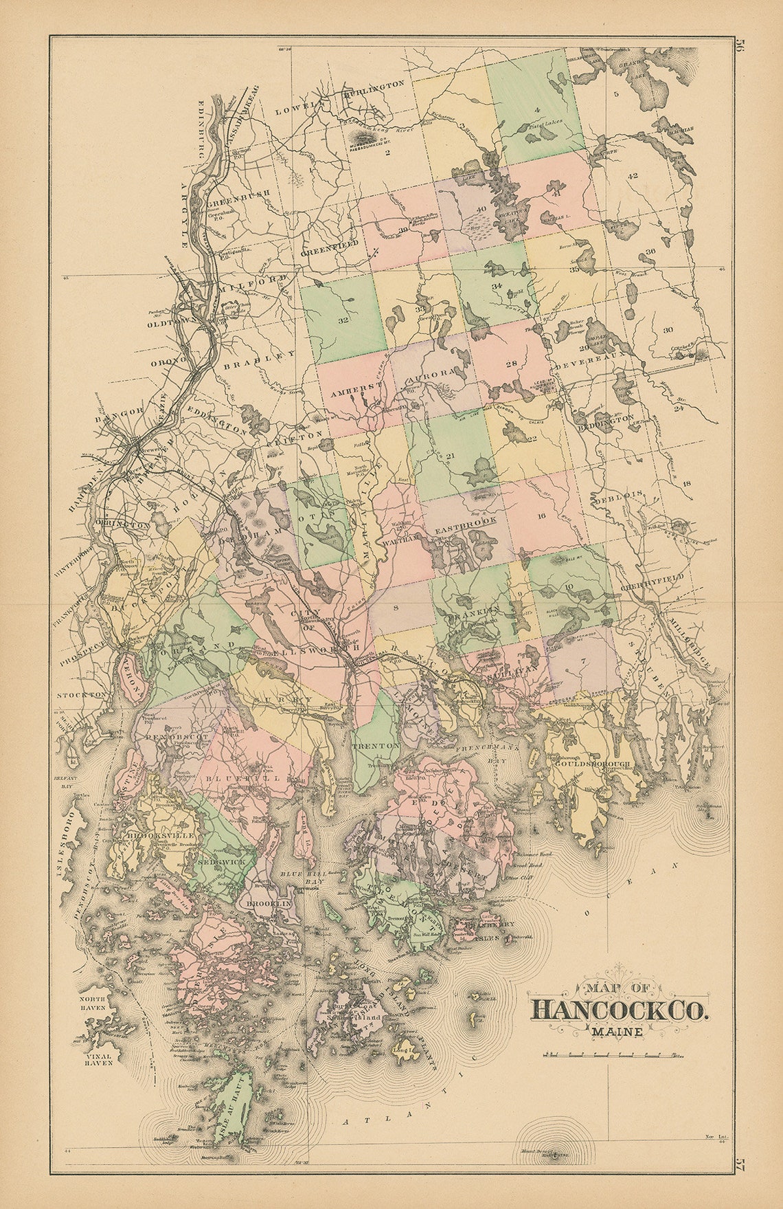 HANCOCK County Maine 1890 Map Replica or GENUINE ORIGINAL Etsy