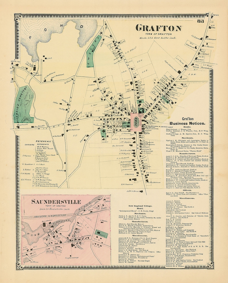 Village of GRAFTON Massachusetts 1870 Map Etsy