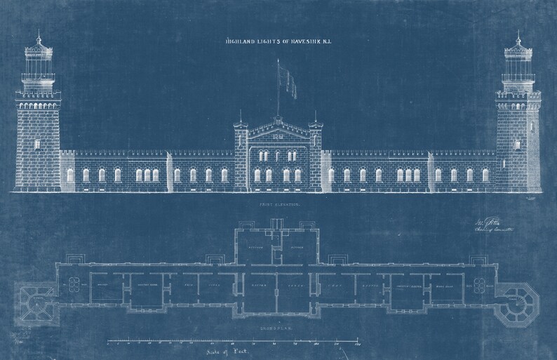 NAVESINK TWIN LIGHTS Middletown Blueprint Drawing and Plans of the Lighthouses as it was in 1861. New Jersey