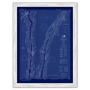 May include: A vintage-style nautical chart of the Hudson River, printed in white on a dark blue background. The chart shows the river from its source in the Adirondack Mountains to its mouth at the Atlantic Ocean. The chart includes details such as river depth, landmarks, and navigational aids.