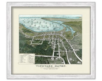 Vineyard Haven, Martha's Vineyard, Massachusetts Bird's Eye View 1886 Colored Reproduction