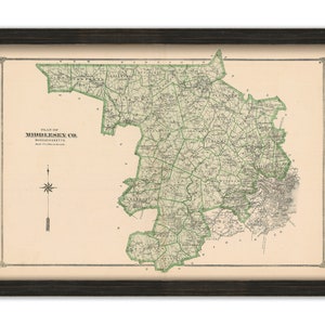 May include: An antique map of Middlesex County, Massachusetts, with a compass rose and the text "Plan of Middlesex Co. Massachusetts" in the upper left corner.