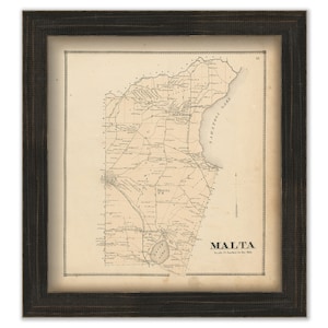 May include: A vintage map of Malta, New York, with a black frame. The map shows roads, waterways, and towns. The title "MALTA" is printed at the bottom of the map.