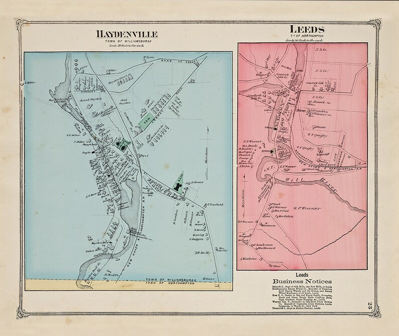 Towns of HAYDENVILLE and LEEDS Massachusetts 1873 Map Etsy