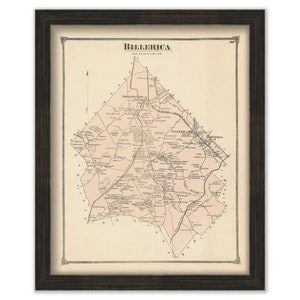 May include: An antique map of Billerica, Massachusetts, printed in black and white on a cream-colored background. The map shows roads, rivers, and the names of various locations within the town.
