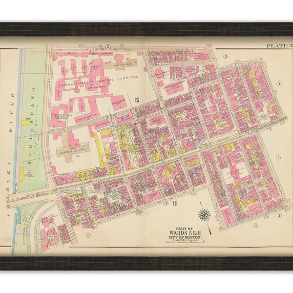 BOSTON, Massachusetts 1917 Map, Plate 3, Beacon Hill, Massachusetts General Hospital  -  Replica or Genuine ORIGINAL