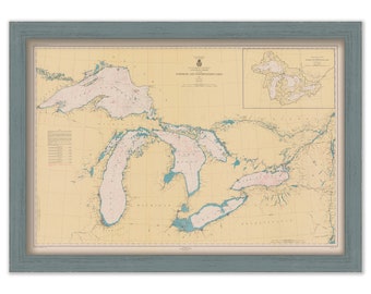 NORTHERN and NORTHWESTERN LAKES - 1944 Nautical Chart showing all the Lighthouses on those Lakes