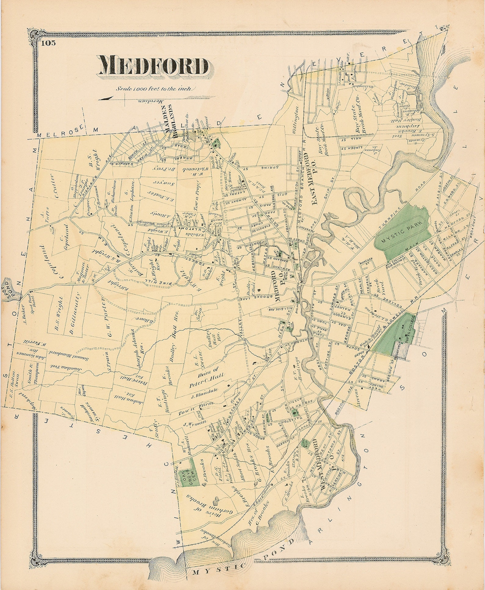 Town of MEDFORD Massachusetts 1875 Map  Etsy