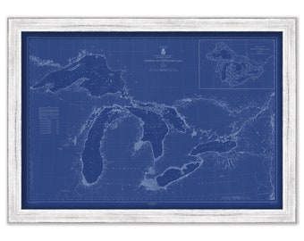 NORTHERN and NORTHWESTERN LAKES - 1944 Nautical Chart Blueprint showing all the Lighthouses on those Lakes