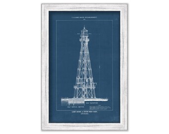 SOUTHWEST PASS LIGHTHOUSE, Louisiana  -  Blueprint Drawing and Plan of the Lighthouse as it was in 1874.