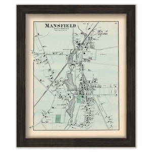 May include: An antique map of Mansfield, Massachusetts, printed in black and white with green accents. The map shows the town's streets, buildings, and landmarks. The title "MANSFIELD" is printed at the top of the map.