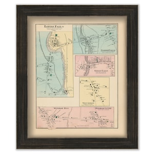 May include: A vintage map of Little Falls, New York, divided into five sections: Little Falls, Gansevoort Falls, Steuben Falls, West Gorham, and Windham Hill. Each section shows the layout of streets and buildings in the area.