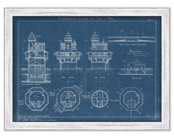 SOLOMANS LUMP LIGHTHOUSE, Chesapeake Bay, Maryland  -  Blueprint Drawing and Plan of the Lighthouse as it was in 1894.