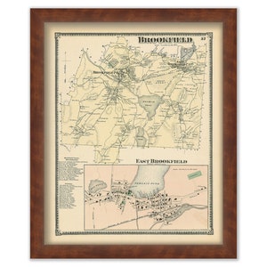 May include: An antique map of Brookfield, Massachusetts, showing the town's layout and surrounding areas. The map is printed in black and white with brown and green accents. The map is framed in a brown wood frame.