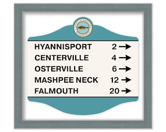 CAPE COD Directional Sign on PAPER, showing the millage and direction to Hyannisport, Centerville, Osterville, Mashpee Neck and Falmouth