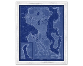 Seattle Harbor and Lake Washington, Washington  -  1948 Nautical Chart Blueprint