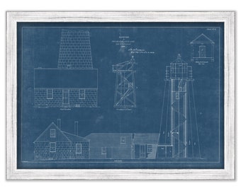PORTLAND HEAD LIGHTHOUSE, Portland Harbor, Maine  -  Blueprint Drawing and Plan of the Lighthouse as it was in 1864.