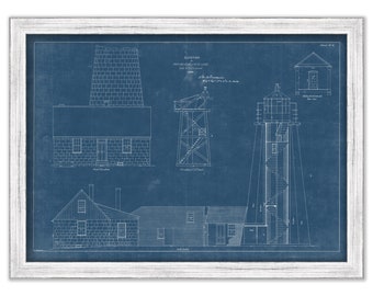 PORTLAND HEAD LIGHTHOUSE, Portland Harbor, Maine  -  Blueprint Drawing and Plan of the Lighthouse as it was in 1864.