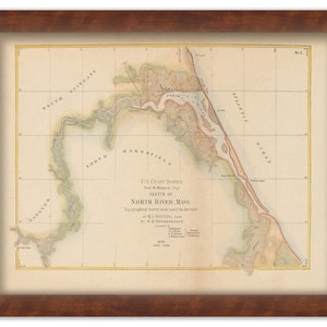 May include: An antique map of North River, Massachusetts, from the U.S. Coast Survey. The map is printed on cream-colored paper and shows the river's course, surrounding land features, and nearby towns. The map is titled "Sketch of North River, Mass." and includes the text "Topographical Survey made under the direction of H.L. Whiting, Asst. U.S. Coast Survey, 1870."