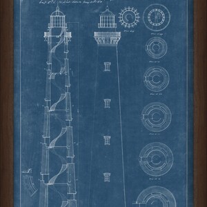 May include: A blueprint drawing of a lighthouse with a spiral staircase. The drawing is on a blue background with white lines. The text "Project for a Lighthouse house at Hatteras, Submitted with a letter to Lt. J.N. Macomb, U.S. Eng'r. 5th. / N. York District, January 27th 1873" is written at the top of the drawing.