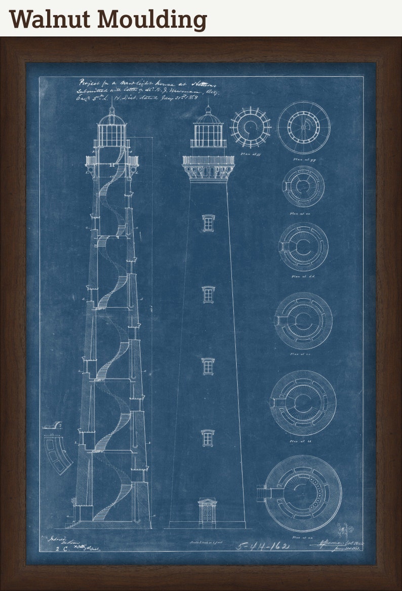 May include: A blueprint drawing of a lighthouse with a spiral staircase. The drawing is on a blue background with white lines. The text "Project for a Lighthouse house at Hatteras, Submitted with a letter to Lt. J.N. Macomb, U.S. Eng'r. 5th. / N. York District, January 27th 1873" is written at the top of the drawing.