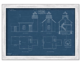 BRISTOL FERRY LIGHTHOUSE, Bristol, Rhode Island  -  Blueprint Drawing and Plan of the Lighthouse as it was in 1855.