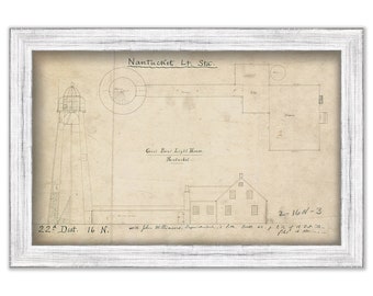 GREAT POINT LIGHTHOUSE, Nantucket, Massachusetts  -  Drawing and Plan of the Lighthouse Circa 1800s.
