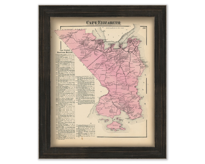 May include: An antique map of Cape Elizabeth, Maine, printed in black and white with a pink overlay. The map shows the town's streets, roads, and landmarks. The title "Cape Elizabeth, Maine" is printed at the top of the map.