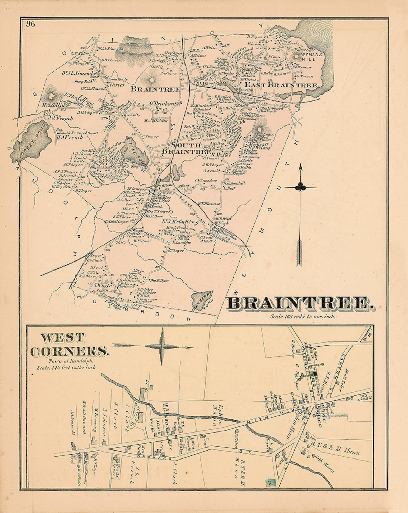 Town of BRAINTREE Massachusetts 1876 Map Replica or GENUINE Etsy