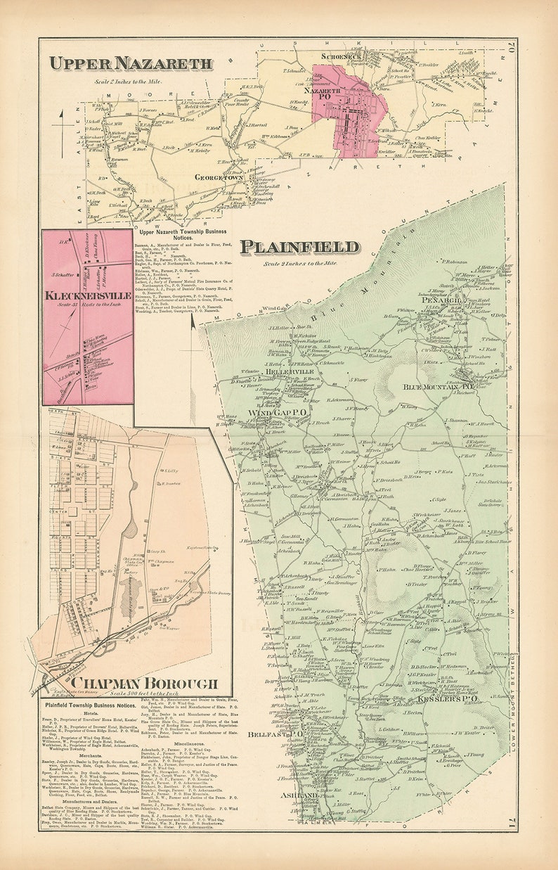 UPPER NAZARETH and PLAINFIELD Pennsylvania 1872 Map Replica Etsy