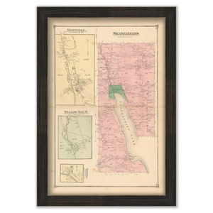 May include: An antique map of Skaneateles, New York, with a pink background and green and brown details. The map shows the town of Skaneateles, Willow Glen, and Mottville. The map is framed in a dark brown frame.