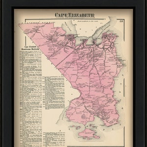 May include: An antique map of Cape Elizabeth, Maine, printed in black and white with pink highlights. The map shows roads, towns, and waterways. The text "Cape Elizabeth Business Notices" is printed in the lower left corner.