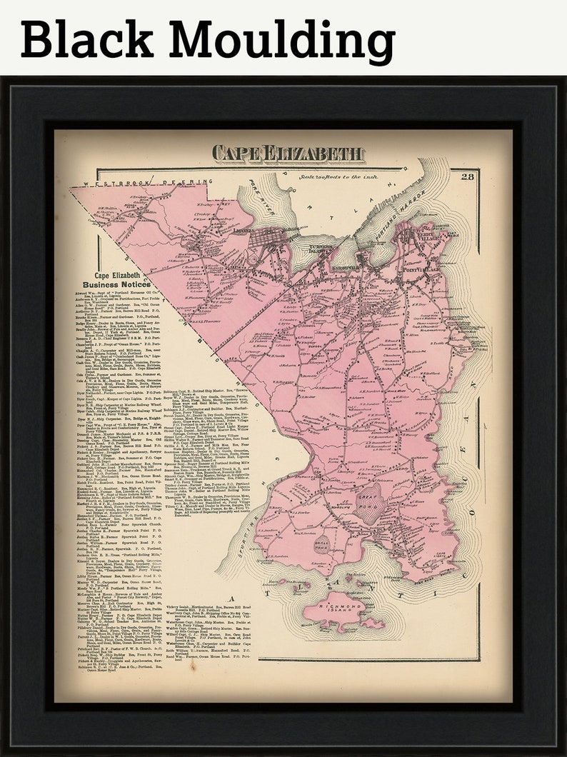 May include: An antique map of Cape Elizabeth, Maine, printed in black and white with pink highlights. The map shows roads, towns, and waterways. The text "Cape Elizabeth Business Notices" is printed in the lower left corner.