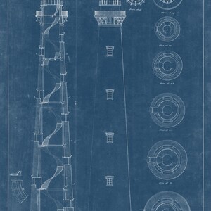 May include: A blueprint drawing of a lighthouse with a spiral staircase. The drawing includes plans of the lighthouse at different levels. The text on the drawing reads "Project for a Brick Lighthouse at Hatteras, Submitted with Letter to Lt. J. Sherman, A.L.G., Back L. 14. Dist., dated January 21, 1878", and "5-44-162".