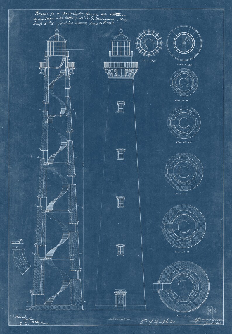 May include: A blueprint drawing of a lighthouse with a spiral staircase. The drawing includes plans of the lighthouse at different levels. The text on the drawing reads "Project for a Brick Lighthouse at Hatteras, Submitted with Letter to Lt. J. Sherman, A.L.G., Back L. 14. Dist., dated January 21, 1878", and "5-44-162".