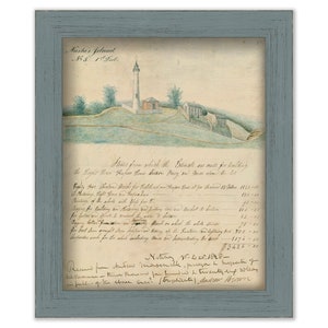 May include: A vintage illustration of a lighthouse on Bushe's Island, with a handwritten list of building materials and costs. The text reads "Stems from which the Estimate was made for building the Light House, Bushe's Island, Penobscot Bay, and Price comes to £1,076 10s."