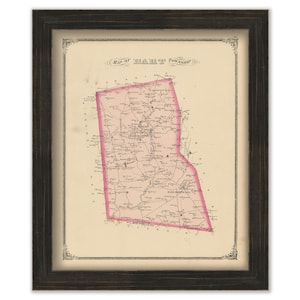 May include: An antique map of "Braintree Township" in Massachusetts, printed in black and white with pink highlights. The map shows roads, rivers, and towns within the township.