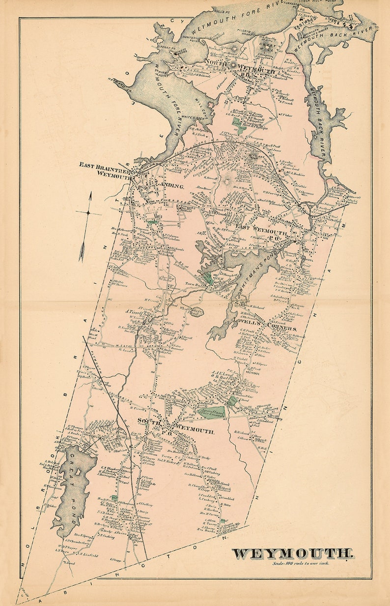 Town of WEYMOUTH Massachusetts 1876 Map Replica or GENUINE Etsy