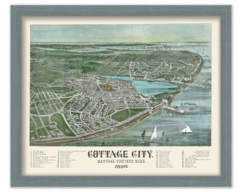 Cottage City {Oak Bluffs}, Martha's Vineyard, Massachusetts, Bird's Eye View 1890 Colored Reproduction