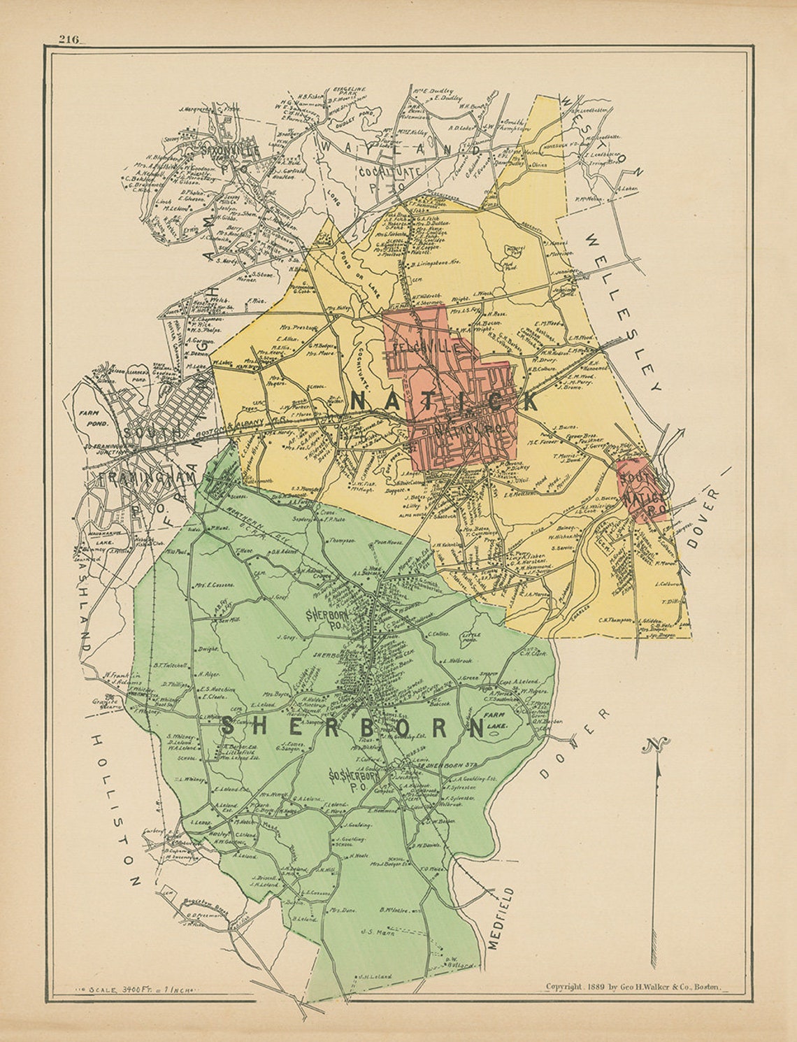 NATICK and SHERBORN Massachusetts 1889 Map Replica or Etsy