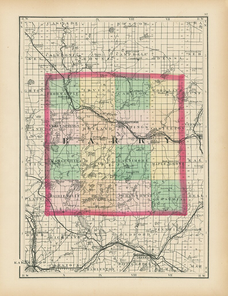 BARRY COUNTY Michigan 1873 Map Replica or Genuine Original Etsy
