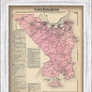 May include: A vintage map of Cape Elizabeth, Maine, printed in black and white with a pink overlay. The map shows the town's streets, businesses, and landmarks. The text "Cape Elizabeth Business Notices" is printed in the upper left corner.