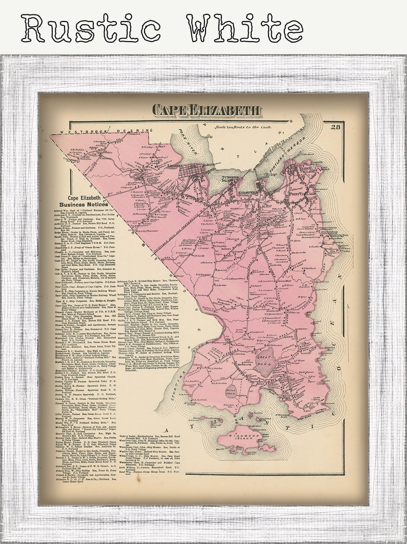 May include: A vintage map of Cape Elizabeth, Maine, printed in black and white with a pink overlay. The map shows the town's streets, businesses, and landmarks. The text "Cape Elizabeth Business Notices" is printed in the upper left corner.