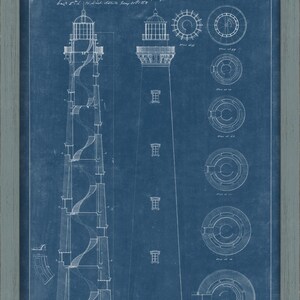 May include: A vintage blueprint style illustration of a lighthouse on a blue background. The drawing includes details of the lighthouse's structure, including the stairs and windows. The text "Project for a Brewlight House at Hatteras, Submitted with letter on date J. Harman, Eng't 5-514, Diet, dated Jany 21/1858" is included in the image.