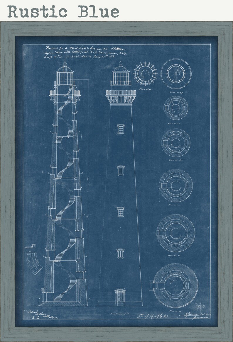May include: A vintage blueprint style illustration of a lighthouse on a blue background. The drawing includes details of the lighthouse's structure, including the stairs and windows. The text "Project for a Brewlight House at Hatteras, Submitted with letter on date J. Harman, Eng't 5-514, Diet, dated Jany 21/1858" is included in the image.