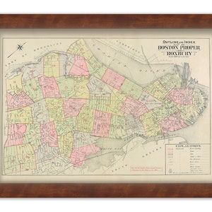 May include: An antique map of Boston Proper and Roxbury, Massachusetts, with a color-coded key for different neighborhoods. The map is framed in a brown wooden frame.